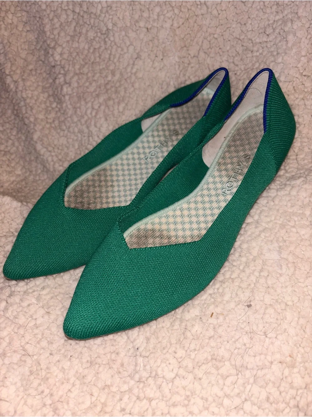 Rothy’s The Point Emerald Green Cobalt Trim Flats Women’s Size 10 US